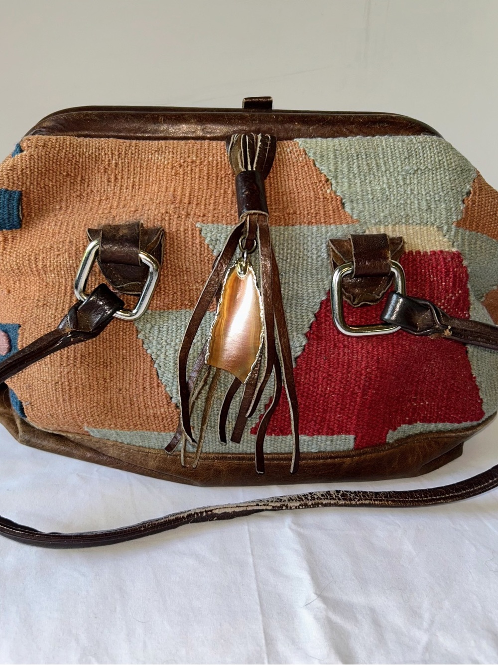 Boho Woven Geometric Hobo Bag with Leather Trim